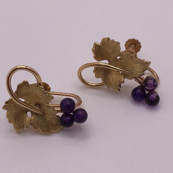 SOLD VNTG Krementz Genuine Amethyst Grape Brooch & Screw Back Earrings - Picture 5 of 6